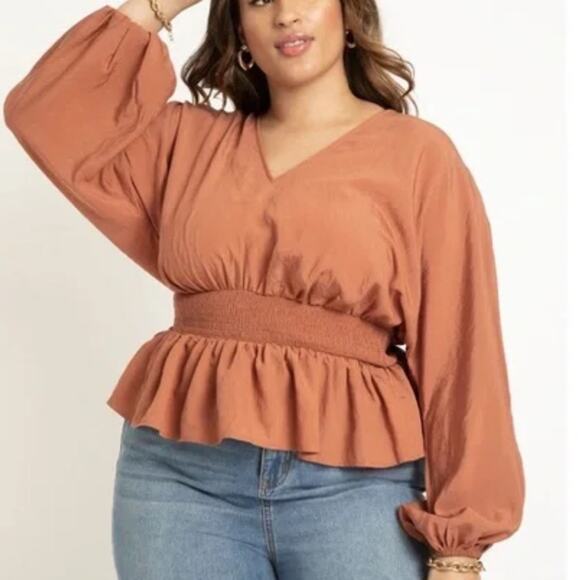 Eloquii Brown Neutral Smocked Waist Peplum Long Sleeve Blouse Top Plus Size 26 - Picture 1 of 7